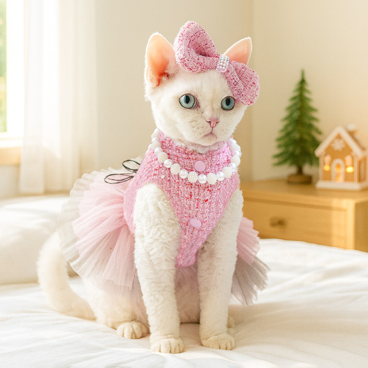 现货服装宠物可爱工厂小狗猫咪粉色小香风蝴蝶结发夹围嘴饰品套装